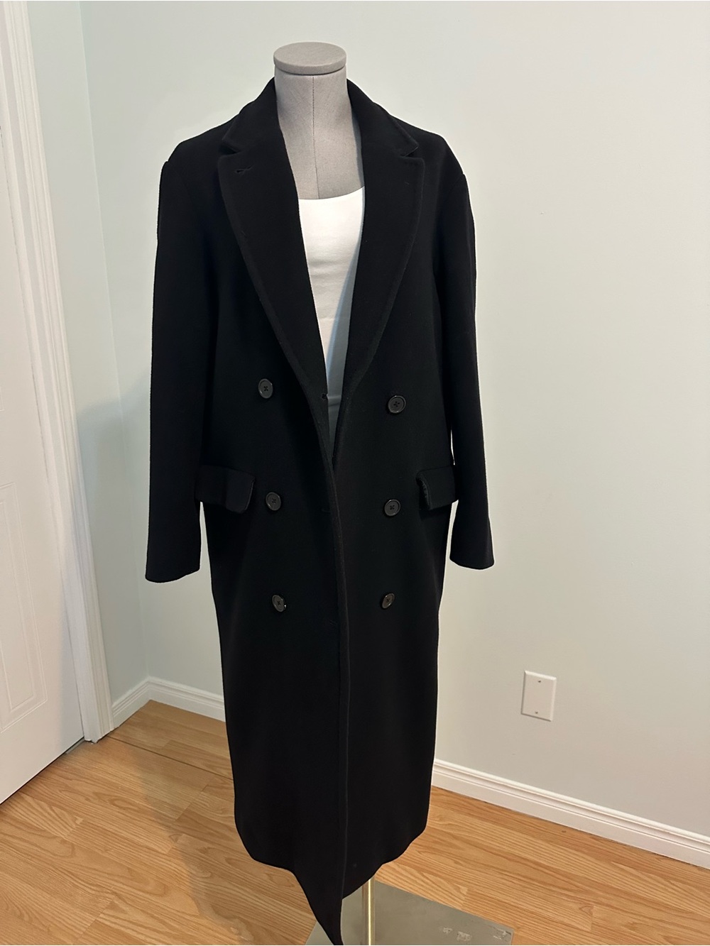 Aritzia- Black Double-Breasted Long Wool Trench Coat in Small